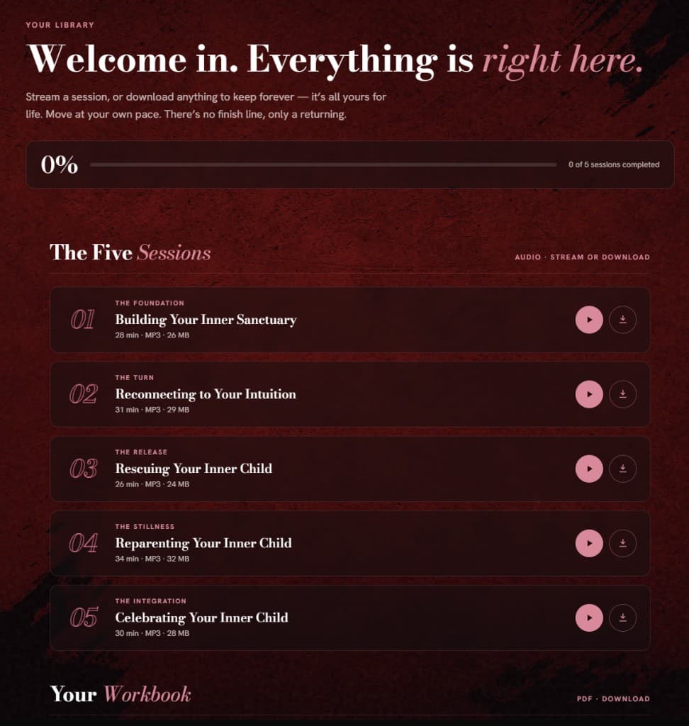 A preview of your Stop the Spiral member library showing the five sessions, Companion Guide, and bonus, all in one place.