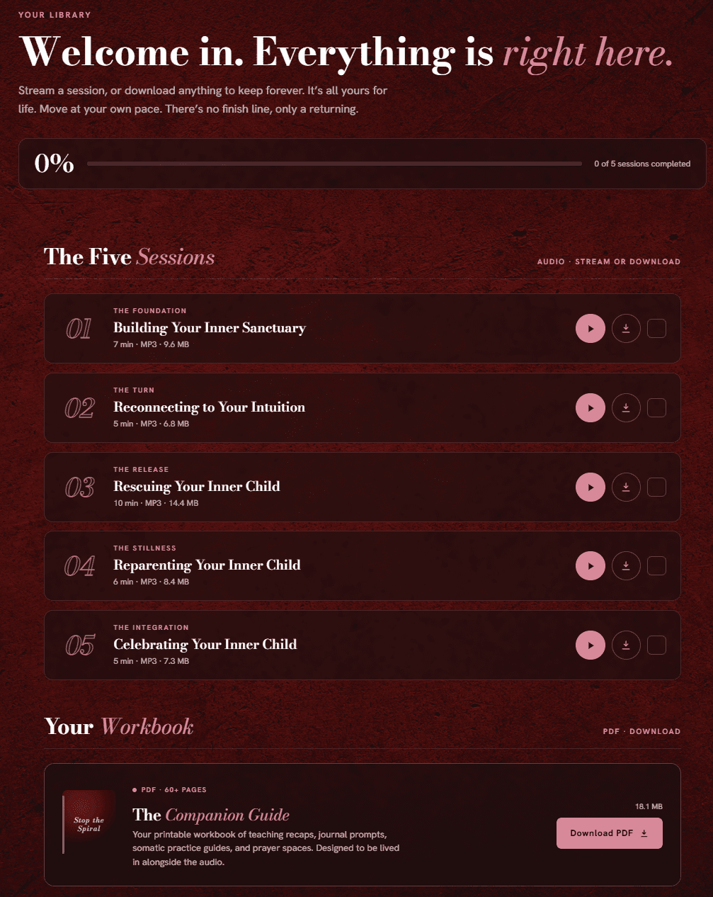A preview of your Stop the Spiral member library showing the five sessions, Companion Guide, and bonus, all in one place.